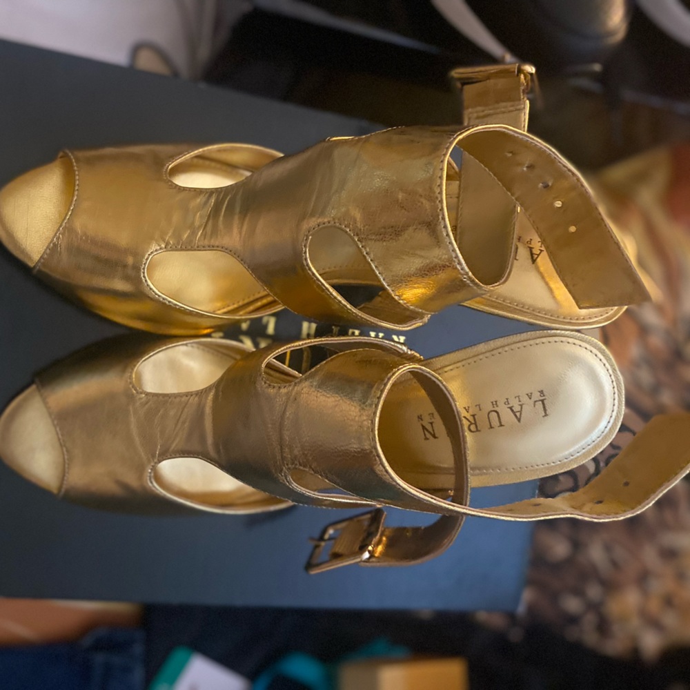 Gold metallic open toe Ralph Lauren dressy sandal